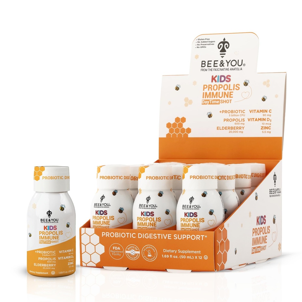 Čebela in vi otroci Propolis Imunski dan Shot - probiotik, vitamin C, vitamin D3, cink, Imunska podpora, Gut Health, Prebavni zdravje, 1,69 Fl. oz, 12 Pack