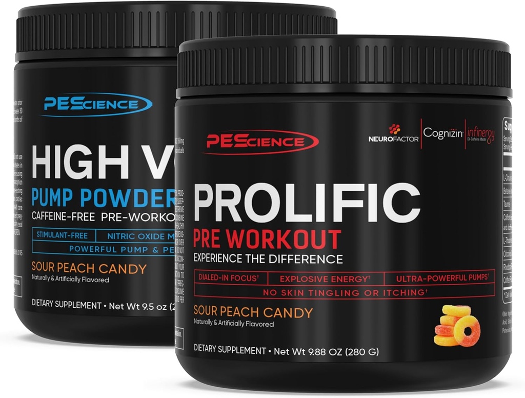 PEScience Pre Workout Stack – Prolific & High Volume, Sour Peach Candy, Nitric Oxide Booster – 40 & 36 Scoops, L Arginin Nitrate, L Citrulin, Pre Wordout Prašek za moške in ženske