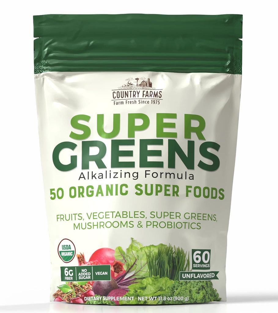 Podeželske kmetije Super zelene Naravne arome, 50 Organic Super Foods, USDA Organic Drink Mix, Sadje, Zelenjava, Super Greens, z Fiber, Gobe in probiotiki, Podpira energijo, 60 Serving, 900g