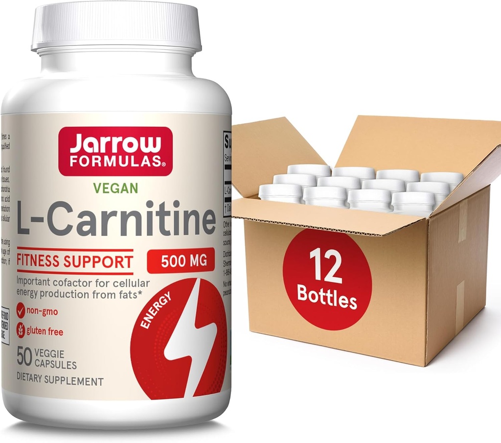 Jarrow Formule L-Carnitine 500 mg, prehranska dopolnila, podpora za proizvodnjo celične energije, 50 Veggie kapsule, 50 dnevna oskrba na dan (paket po 12)