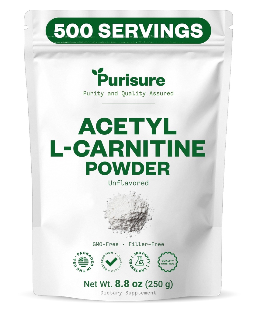Purisure Acetil L-karnitin Prašek, 250g, ALCAR prašek, Aminokisline dodatek, Acetil L-karnitin dodatek za boljšo kognitivno učinkovitost in mišično vzdržljivost, Gluten prost, Non-GMO, 500 Serving