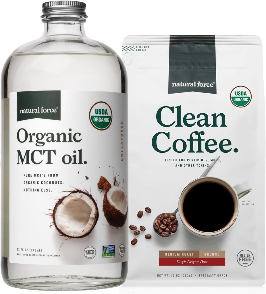 Naravna sila Ekološka čista kava + Organska MCT Oil Bundle – 100% Pure Coconut MCTs & Mold & Mycotoksin Free Coffee – Ne-GMO, Keto, Paleo in Vegan - 10 Oz Bag in 32 Oz Steklena steklenica