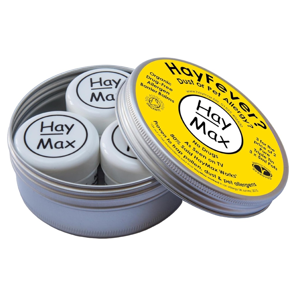 HayMax Alergen barier balzam Triple Tin Pure - pakiranje 3 - Ekološka, naravna in neugodna Hay Fever & Alergy Relief Balm - Traps Pollen, prah in drugi alergen delcev - Nanesite okoli nos in oči
