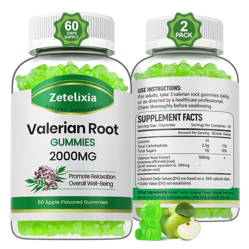 2 Pack Organic Valerian Root Gummies, Zeliščni dodatek za sprostitev in podporo razpoloženja, Sleep Gummies brez melatonina za odrasle, Vegan, Non-GMO, Apple Flavor, 120 Count