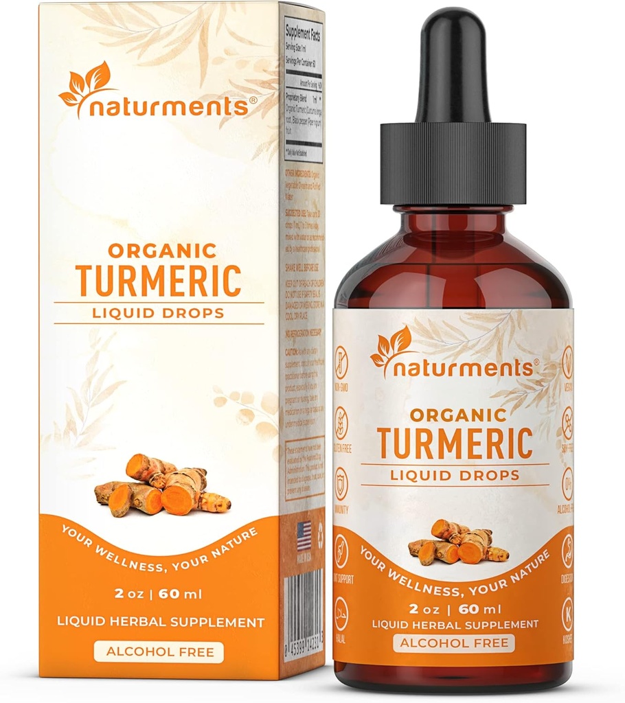 Naturments Kurkumin Tekoči: Certified Organic Turmeric Curcumin z Ginger & Black Pepper- Skupna podpora, Imunska & Prebavna podpora, Graciozno staranje - 2 Fl Oz