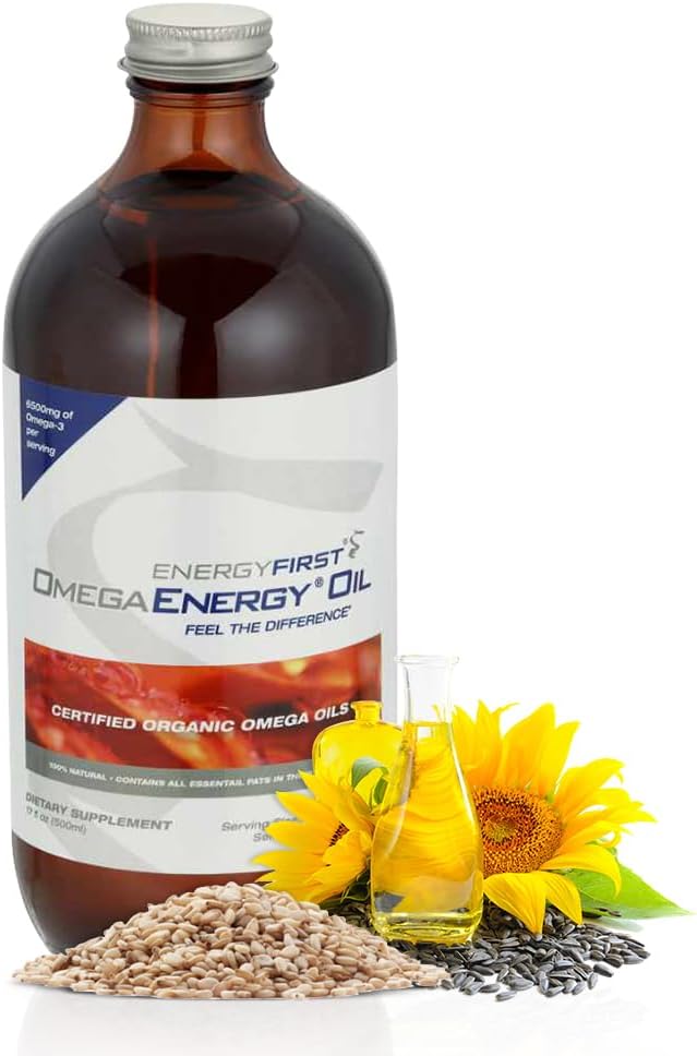Energija Prvo omega energijsko olje - Omega 3 & 6 dodatek z laneno seme, sončnično, Sezam in bučno seme olje, Vegan Antioksidant & 12oz