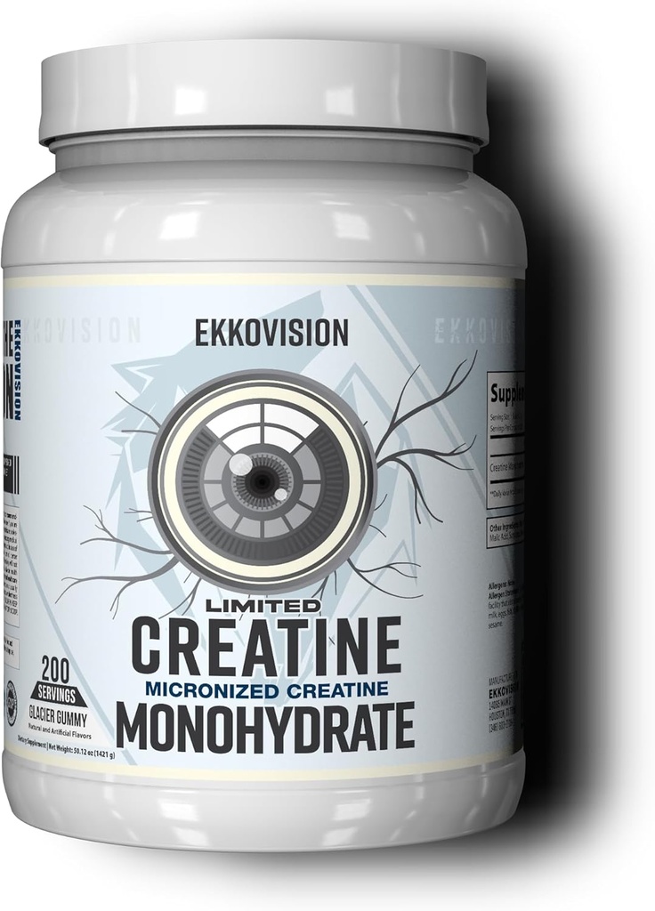 Ekkovision Kreatin monohidrat v prahu, Micronized, Glacier Gummy, Pre vadba in post vadba dodatek za moške in ženske, energijska podpora, enostavno mešanje v stresa, napitki in pijače, 200 Serving