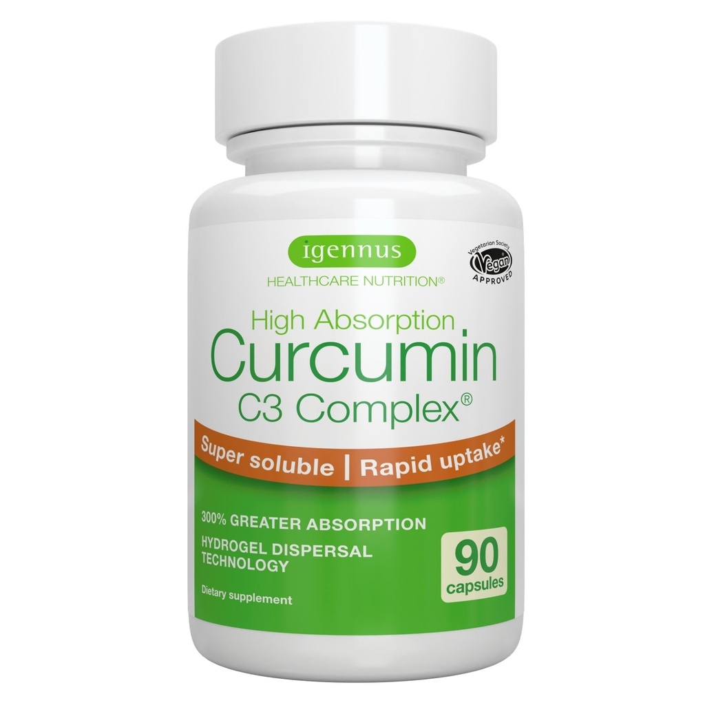 Igennus Advanced Curcumin C3 Complex, 300% večja absorpcija in hiter vnos, 95% standardizirani ekstrakt, 90 serviranja, čista nalepka, veganski dodatek, 1- na dan, 90 kapsul