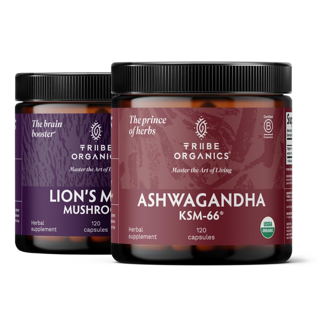 TRIBE ORGANICS NOOTROPIC Duo - KSM66 Ashwagandha + Ekološka levja griva - izven fokusa, zavesti uma in zdravja uma