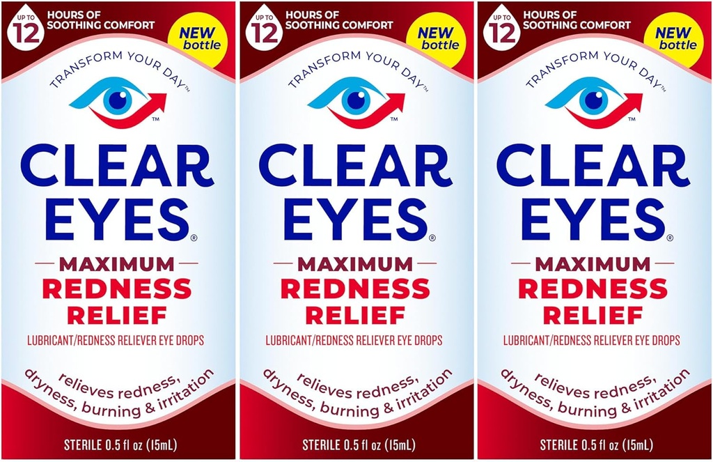 Clear Eyes maksimalna rdečina oči kapljice za oko, 0,5 Fl Oz, pakiranje po 3
