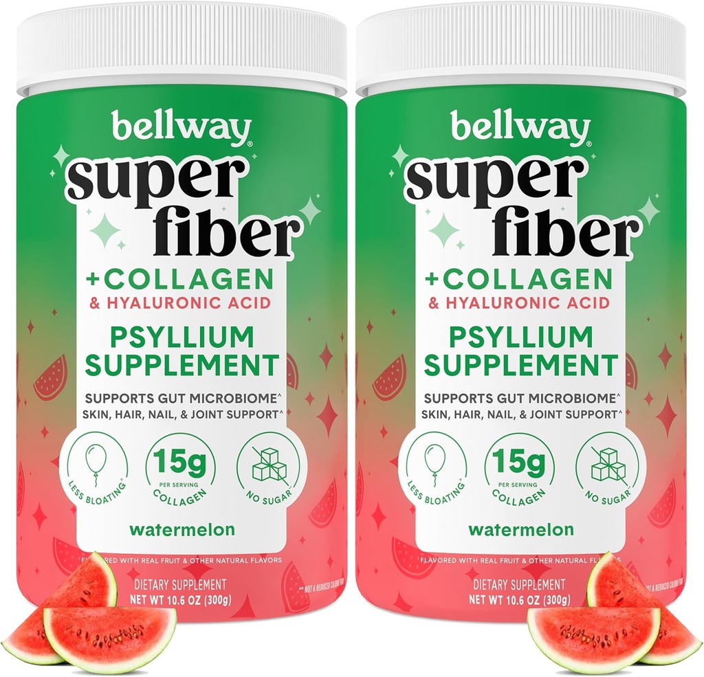 Bellway Super Fiber Powder + Collagen (2 paketa), Psylium Husk brez sladkorja Powder s kolagen peptidi in hialuronsko kislino za zdravje črevesja, zdravo kožo, nohte, kosti in sklepe, lubenica (21,2 oz)