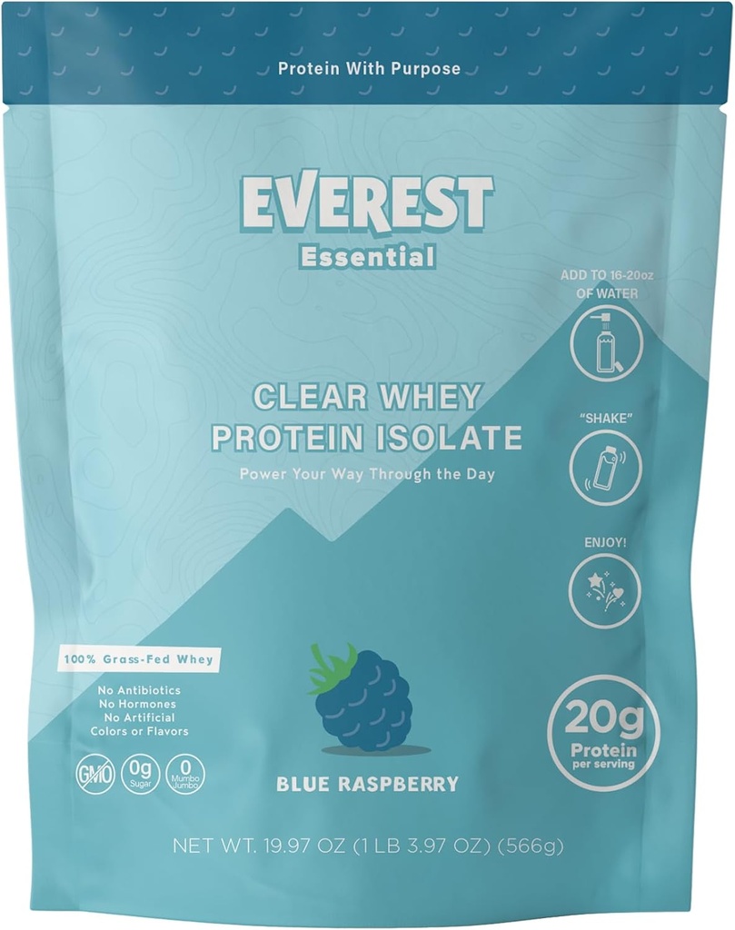 Everest Essential, 100% Grass-Fed Protein Powder (20 Servings), Modra malina, Nič sladkorja, Laktoza-brez, Elektrolitsko infundirani, Grass-Fed sirotkinih beljakovin izolat, Natural Flavor, 20g Beljakovine na obrok