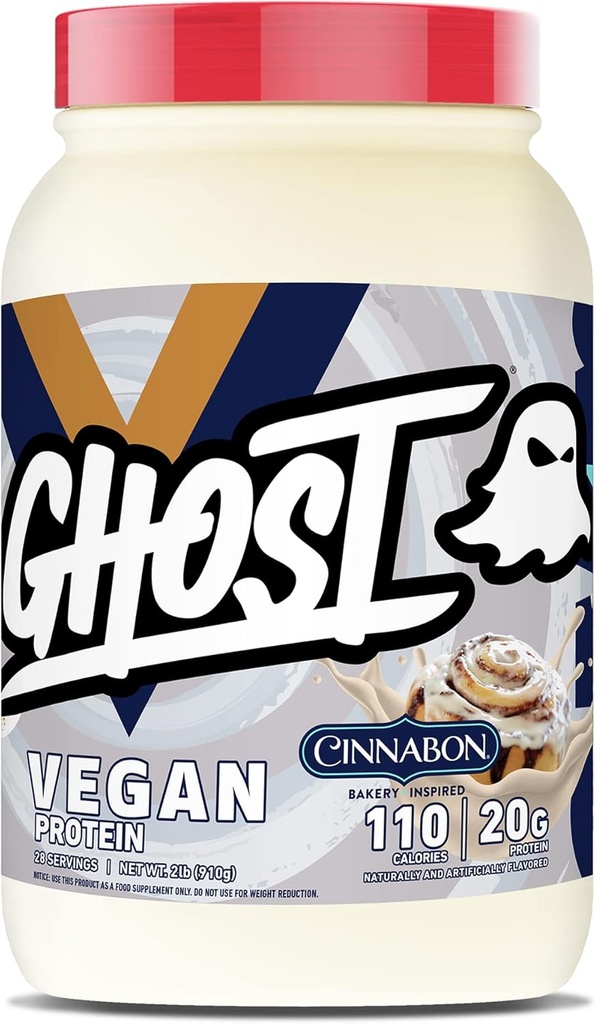 GHOST Vegan Protein Powder, cinabon - 2lb, 20g beljakovin - Rastlinsko-osnovane Pea & Organic Bunny Protein - ‐Post Workout & Nutrition Shakes, Smoothies, & Peking - Soy & Gluten-free