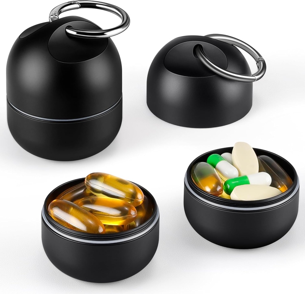 Zannaki Small Portable Single Pill Box Keychain - Metal Daily Travel Pill Organizator Case, Vodoodporne tablete Holder Steklenica, Cute Medicine Vitamin Supplement Nosilec za žep ali torbico, črna