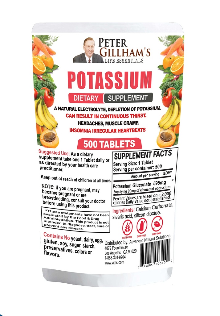 Peter Gillham’s Life Essentials Kalijev glukonat tablete 595mg, 500 tablete, podpora elektrolitsko ravnovesje, Made in USA (Package May Vary)