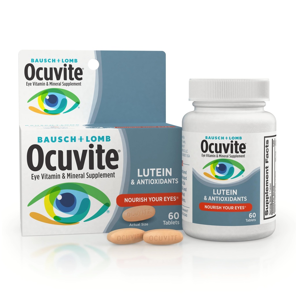 Ocuvite Eye Vitamin & Mineral Supplement, Lutein & Antioksidant Vitamini A, C & E, cink za zdravje in podporo oči, Vitamini za oči, 60 tablet