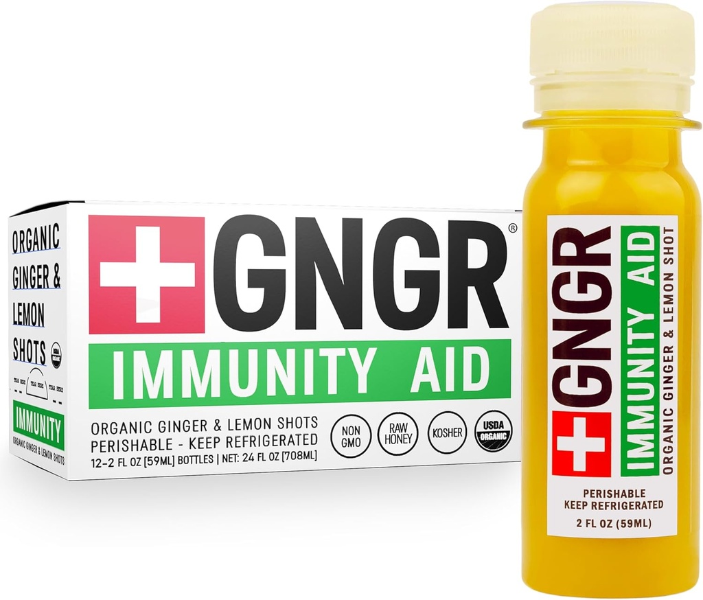 +GNGR Imunity Aid Organic Ginger, Lemon & Honey Shot - Hladno stiskane ingver Shots z Echinacea, limonin sok, med, cink in vitamin D3, Imuni & Prebavna podpora 2 fl oz (Pack of 12)