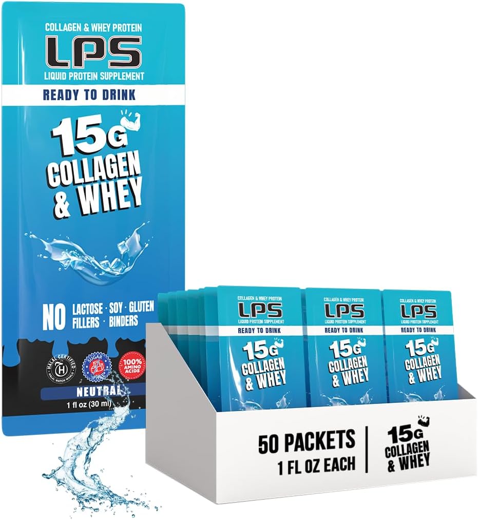 LPS Liquid Collagen & Whey Protein Supplement - ne-GMO pijača, brez sladkorja - spodbuja zdravo kožo in lase za moške in ženske, nevtralne, enojne serve (50 paketov)