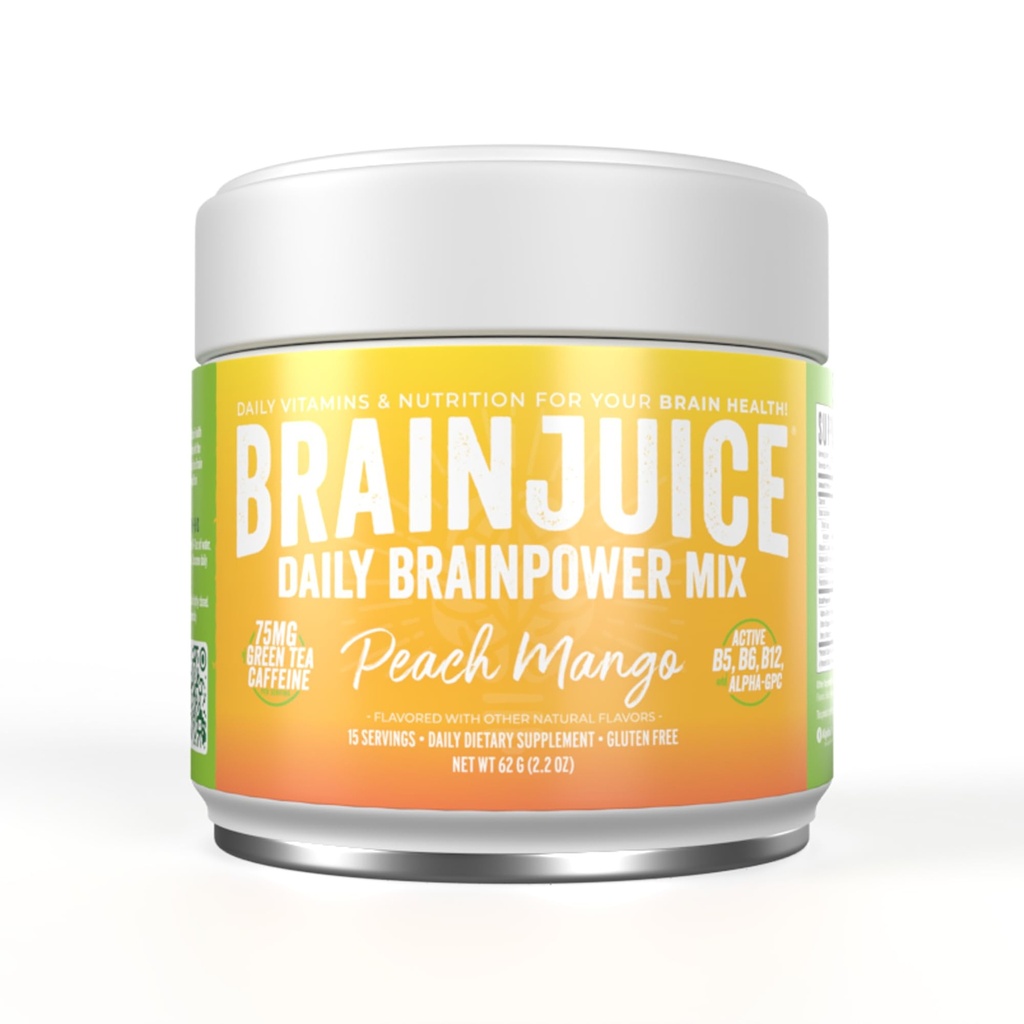 BrainJuice Nootropics Brain Support Supplement, Gluten Free Powder for Energy and Focus, Drink Mix with L Theanine, Alpha GPC, Vitamin B, Organski izvleček zelenega čaja Caffeine, Peach Mango, 15 Servinges