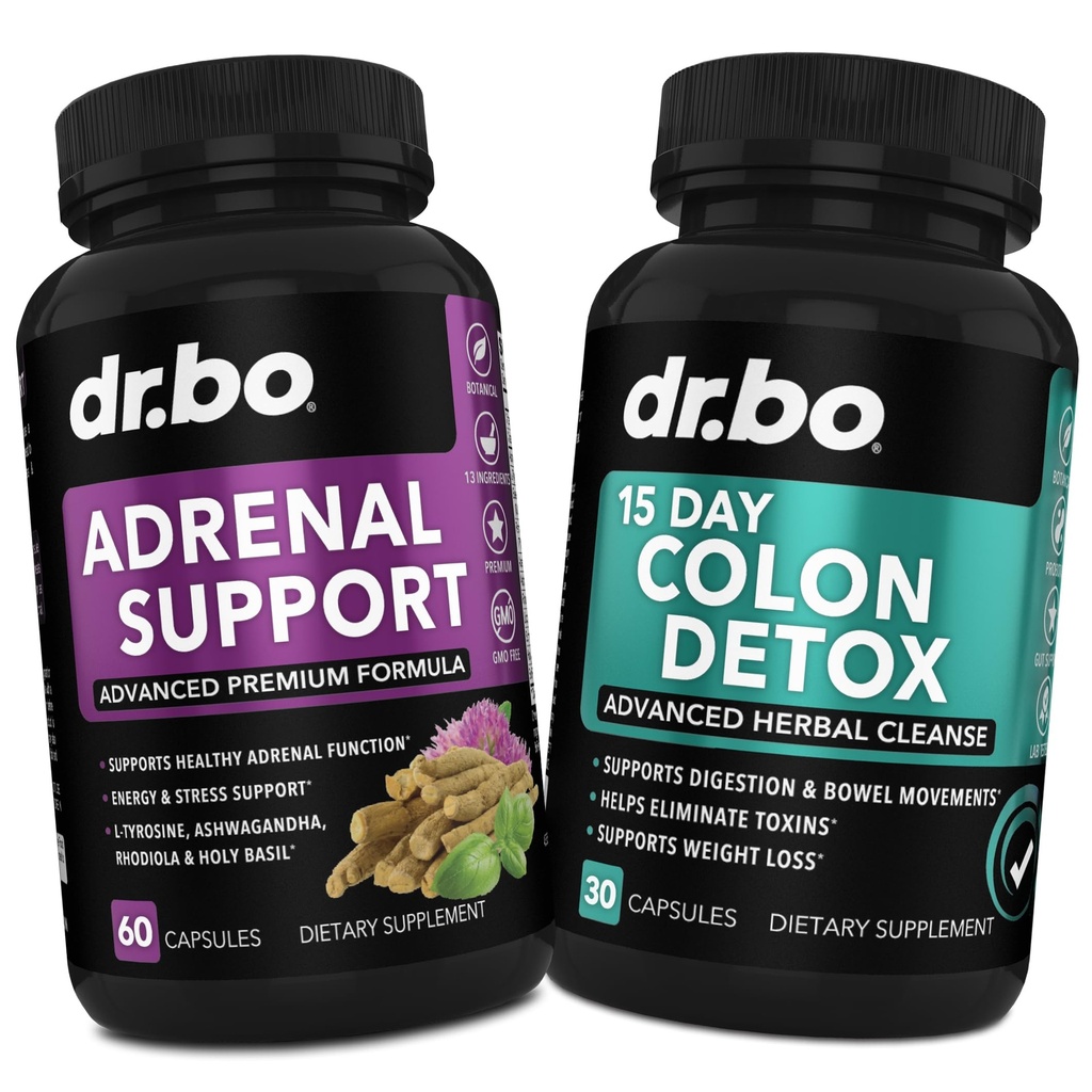 DR. BO Adrenalna podpora & Colon Cleanse dopolnila - Adrenalna utrujenost dodatek z Ashwagandha & L Tirozin - 15 dan črevesna čistilne tablete za Bowel Gibanje Podpora in Trebušno čiščenje