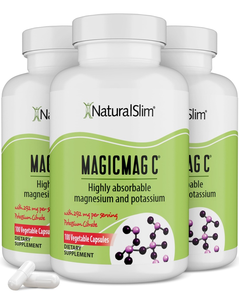 MagicMag C by NaturalSlim, Magnezijev citrat s kalijem za sprostitev mišic, kakovost spanja, Živčne funkcije in elektrolit podporo, Dnevni magnezijev dodatek za moške in ženske, 100 kapsul 3pk