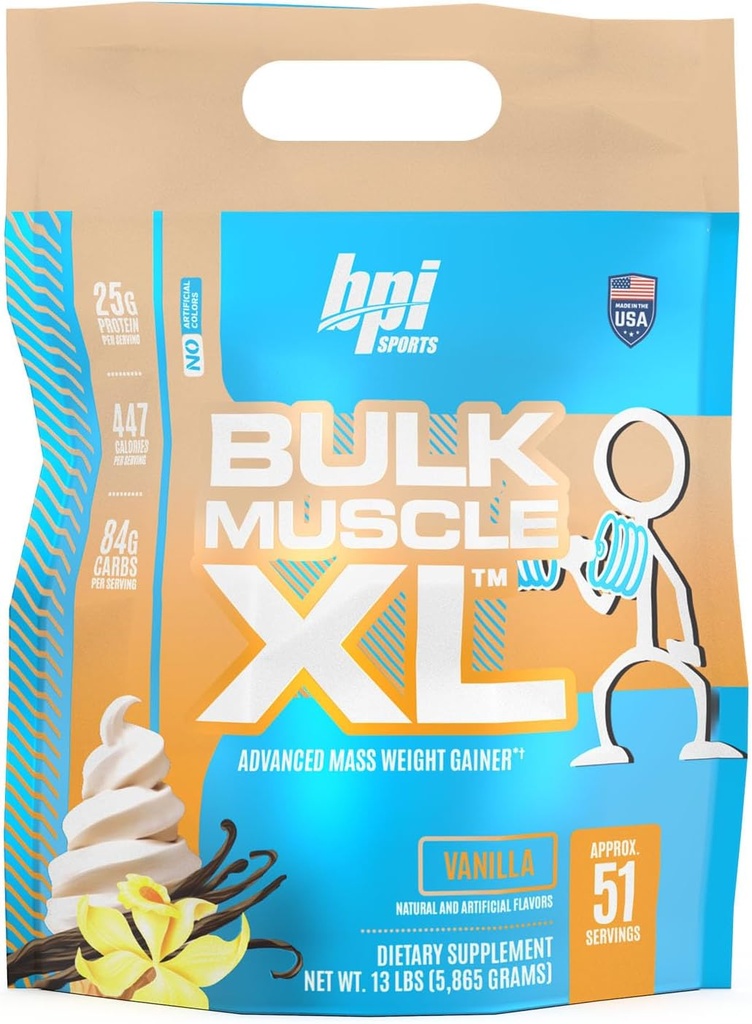 BPI Sports Bulk Muscle XL - Napredni Mass Hujšanje Gainer za resno izgradnjo mišic in regeneracijo, 25g beljakovin & 497 kalorij na strežbo - čokolada, 13lb vrečka (13lb, Vanilla)