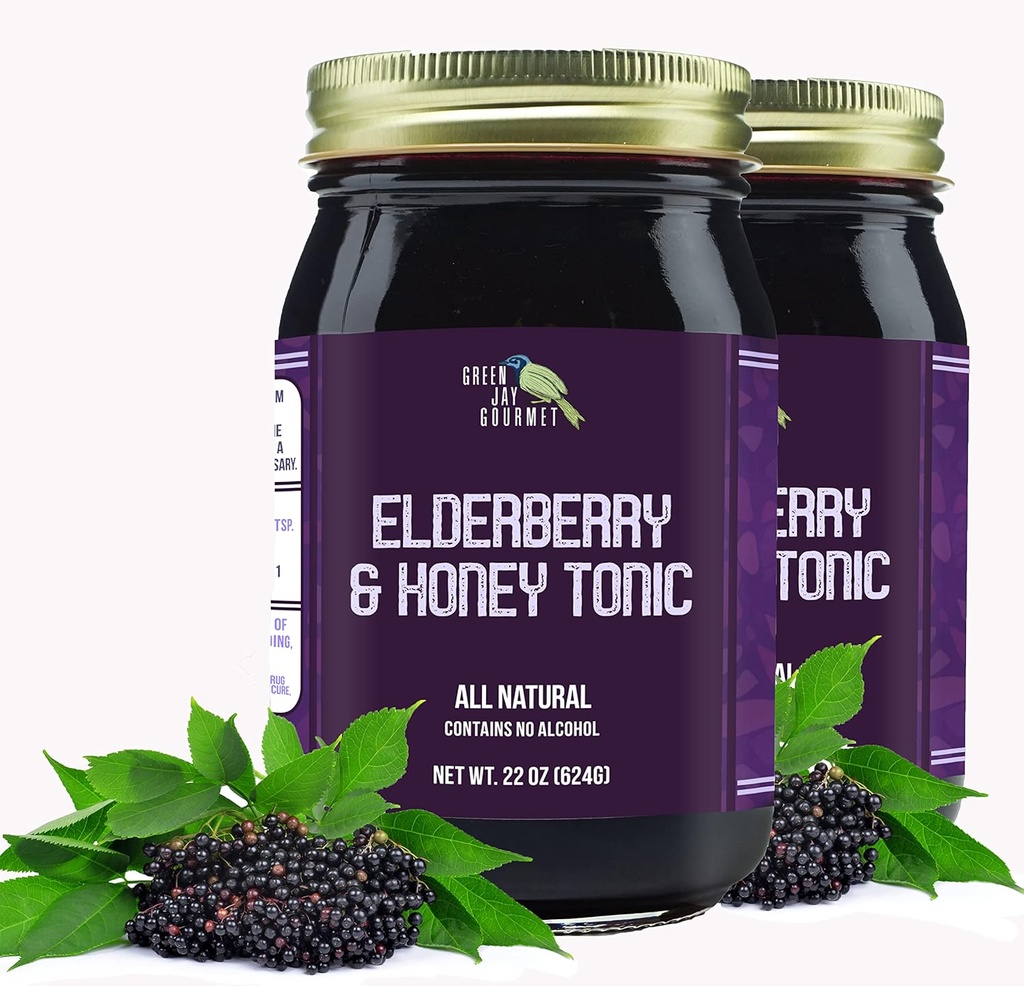 Green Jay Gourmet Bezgov tonik – All Natural Elderberry Syrup – Elderberry Imunska podpora za otroke in odrasle – Močna borovnica in medena mešanica – Sambucus Elderberry Syrup – 2 x 22