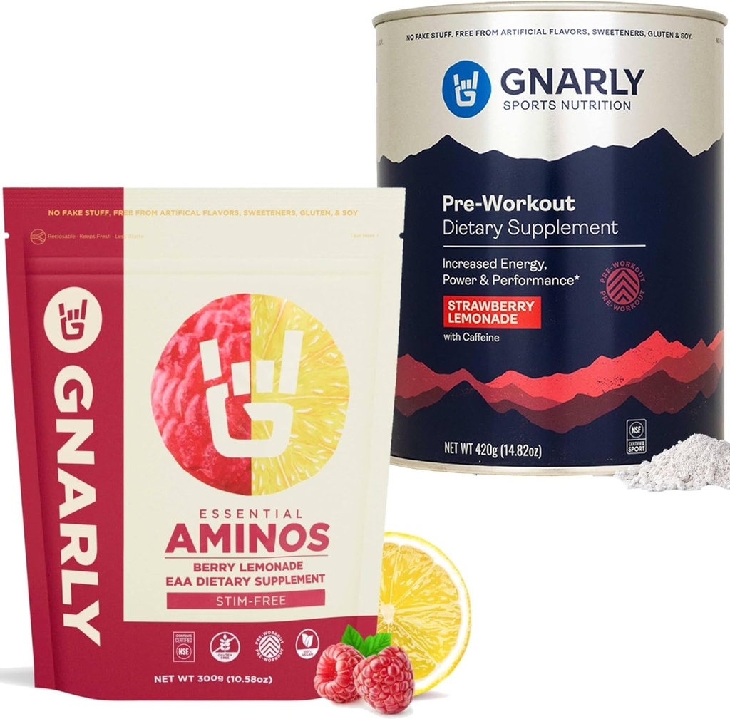 Gnarly Nutrition Gnarly Preworkout Jagodna limonada (14.82oz) Aminos Berry Limonade Caffeine Free (10.58oz)