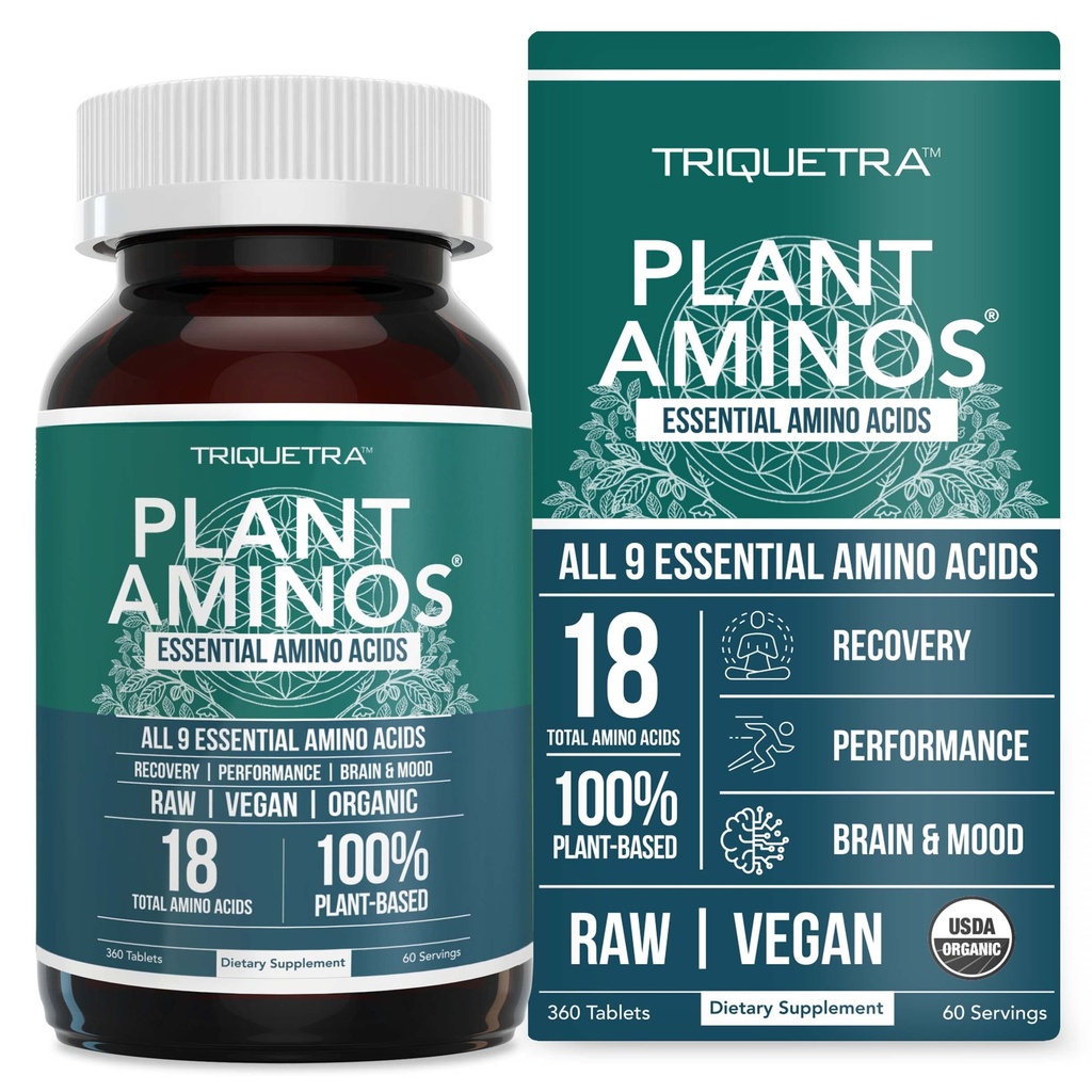 Rastline Aminos Organic Essential Amino Amino Amino Acid Supplement (EAA) & BCAA - 100% Rastlinske surovine, Vegan - Vse 9 Essential Amino Amino Amino Acids s skupno 18 aminokislinami (360 tablet)