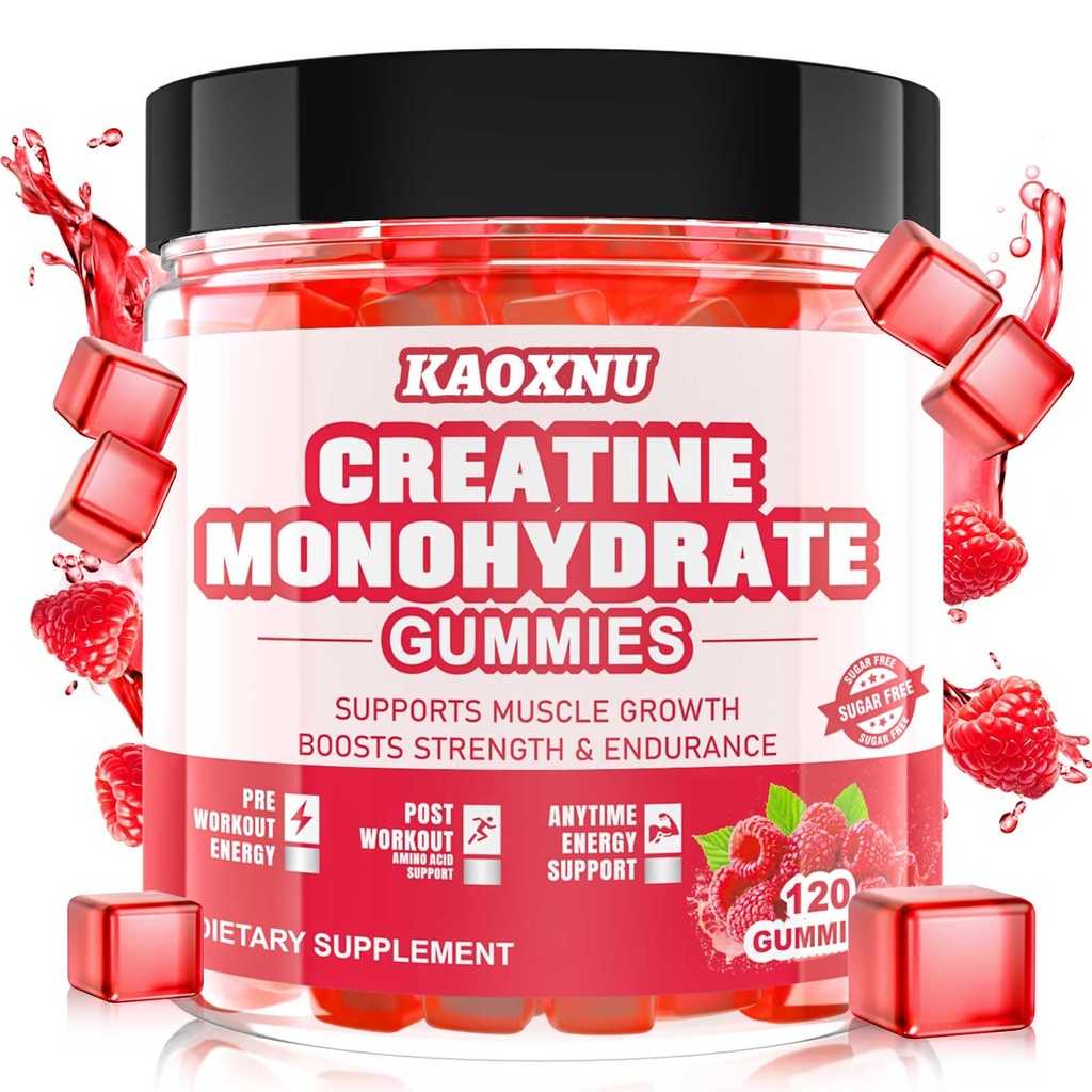 Kreatin monohidrat Gumiji za moške in ženske 120 CT - 5000mg kreatin monohidrata na serviranje - brez sladkorja žvečljivi kreatin za mišično moč, mišice graditelj, energijski boost (jagodna aroma)
