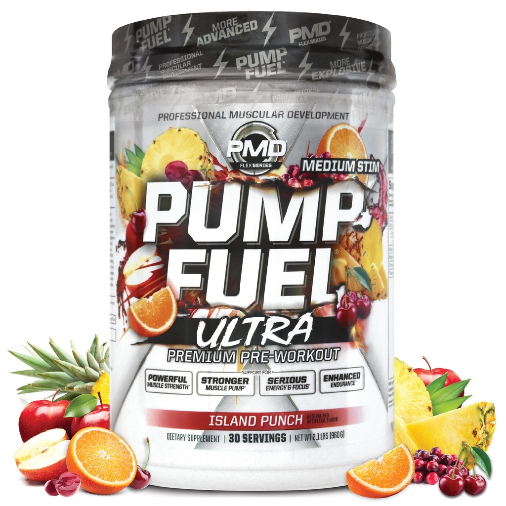 PMD Sports Pump Fuel Ultra Medium Stim - Premium Preworkout Powder & Muscle Pump, Večji fokus, vzdržljivost in okrevanje, Premium Kreatin, Arginin & Beta Alanine - Otok Punch (30 strežnice)
