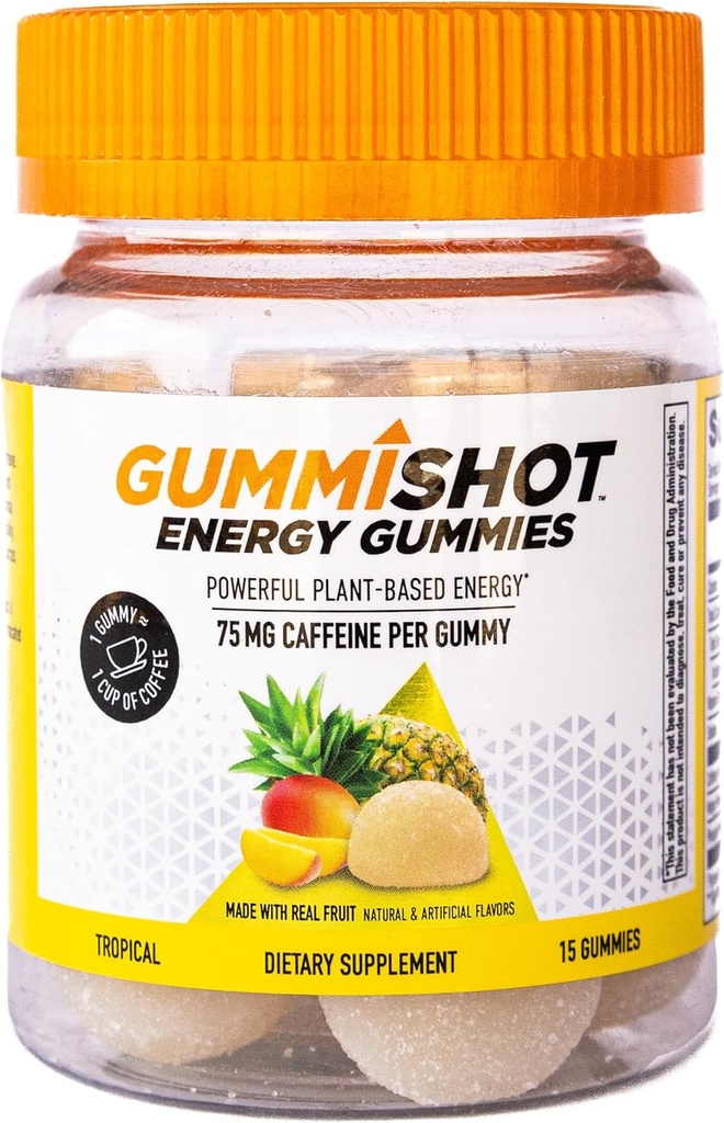 GummiShot Energy Gummies, 1125 mg kofeinskih žvečil na steklenico, dolgotrajni energijski ojačevalniki, tropski (15ct)
