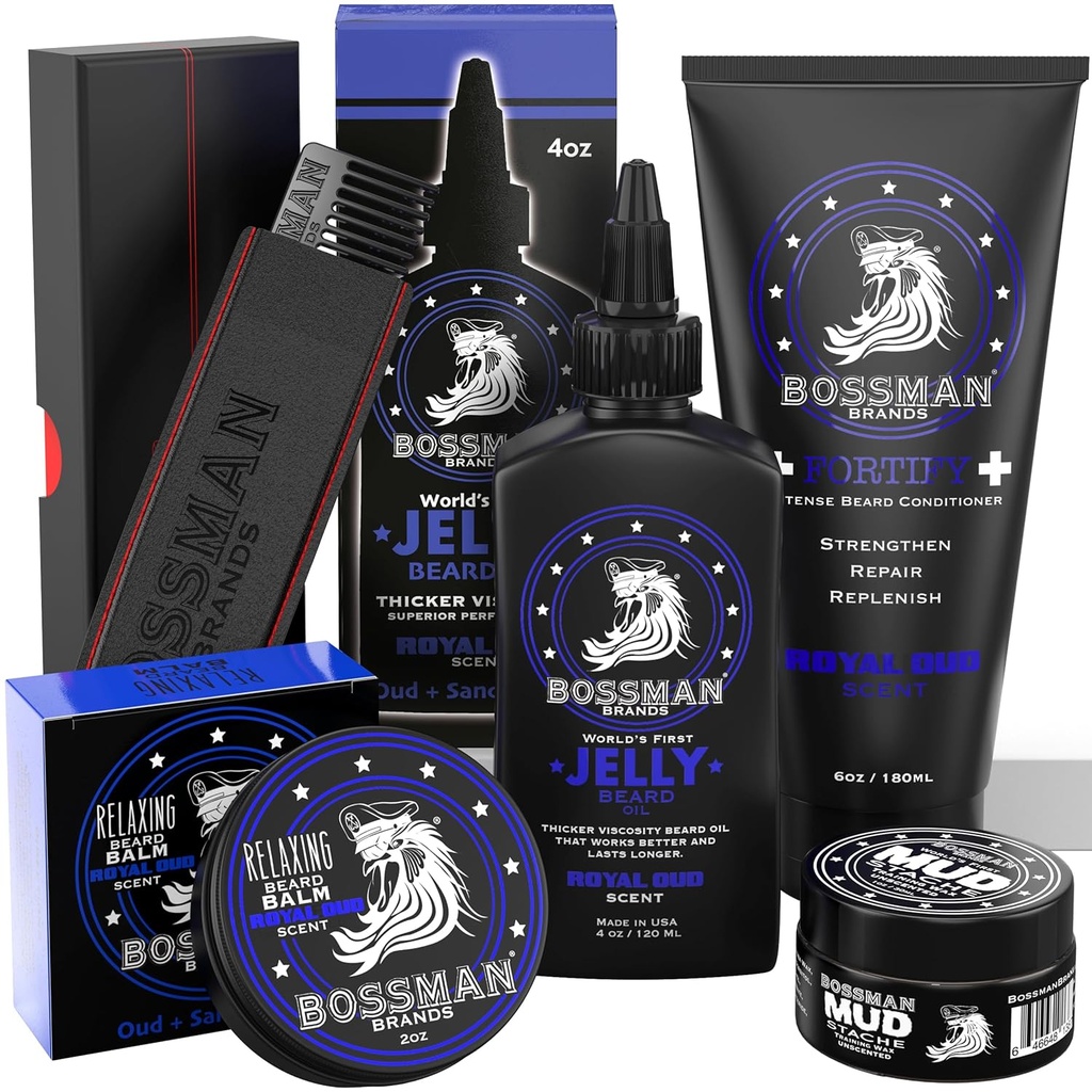 Bossman Complete Beard Kit – Moška brozga olje Jelly, Fortifying Tuš balzam, Mustache Wax & Comb – Beard Softener & Grooming Care – moški darilni komplet (Royal Oud Scent)