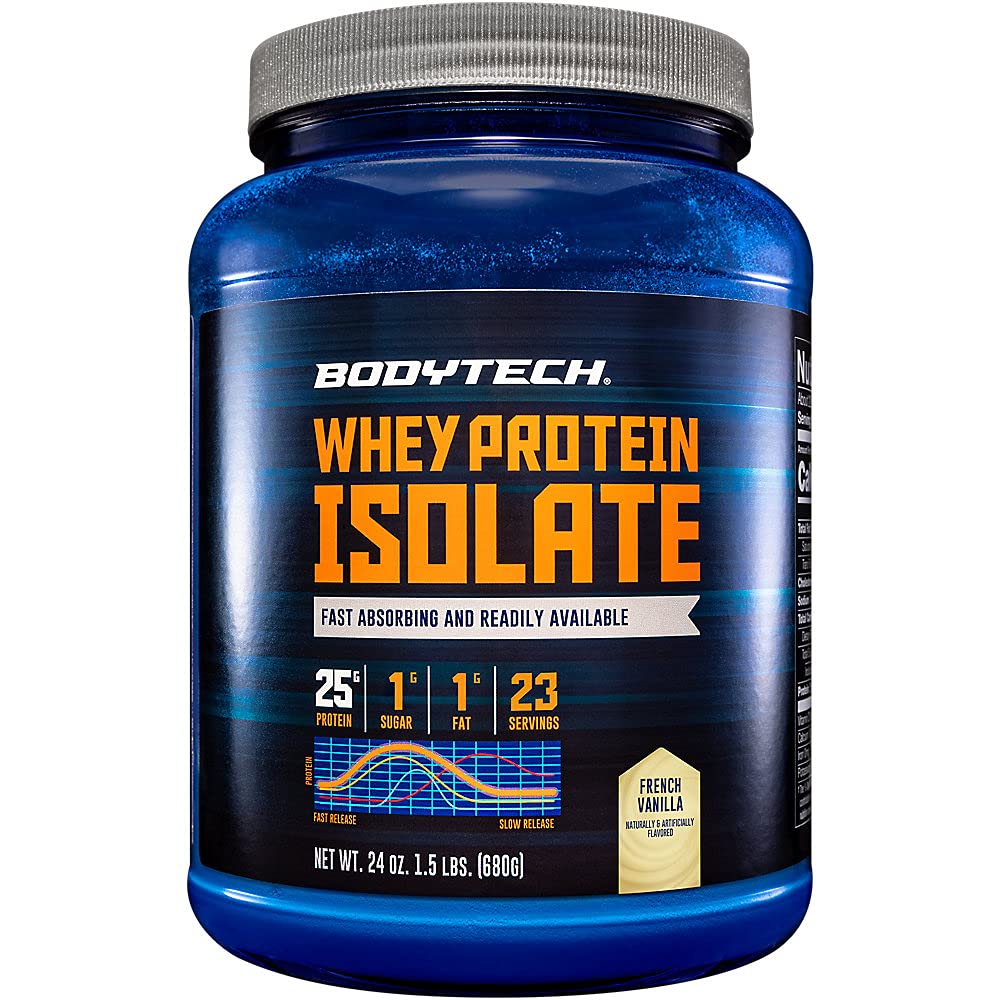 BodyTech Whey Protein Isolate Powder, francoska aroma vanilije, 25 g beljakovine na serviranje, visoko koncentrirani beljakovinski prašek z aminokislinami in BCAA za moške in ženske, brez glutena, 1,5 lb, 23 servingov