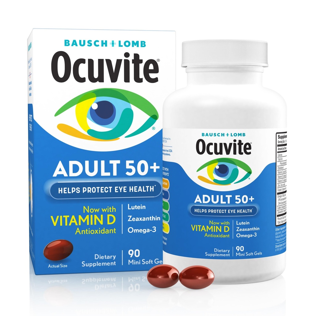 Ocuvite 50+ Eye Vitamin & Mineral dodatek, multivitaminski za vid in očesno zdravje z Omega-3, cink, vitamini C & E, Lutein & Zeaksantin, cinkovi dodatki za ženske in moške, 90 Softgels
