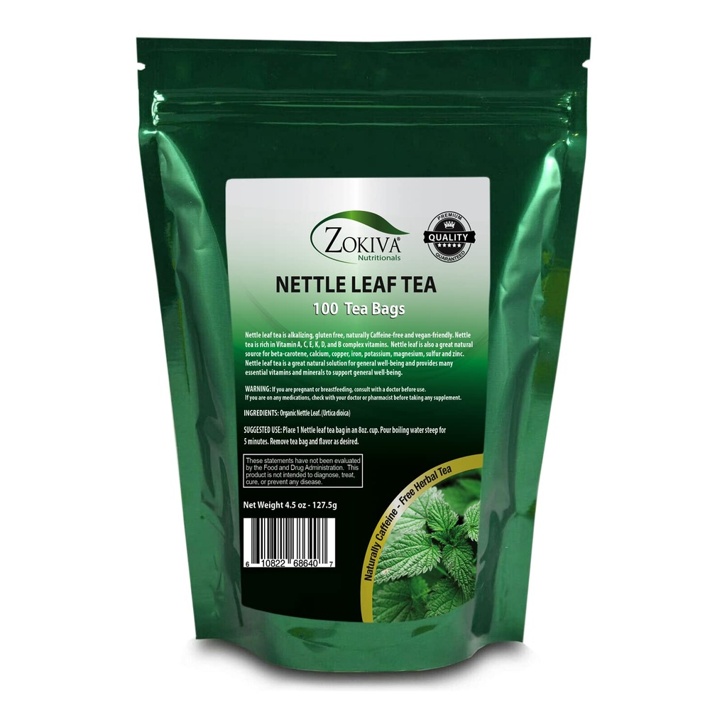 Zokiva Nutritionals - Nettle Leaf Tea Bags Mega Pack - 100 Premium kakovost Priročne ekološke Zeliščne čajne vrečke - brez kofeina in Vegan prijazno V Reseable Stand Up Zip Zaklenite Pouch