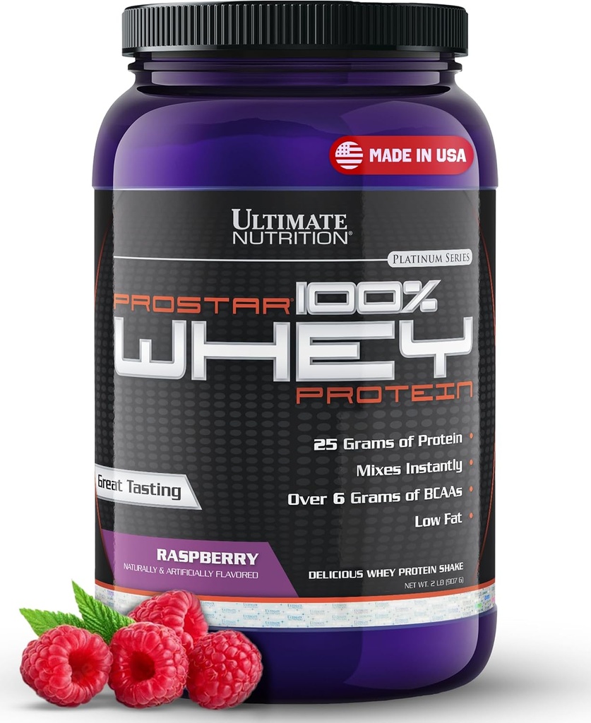 Ultimate Nutrition Prostar Whey Protein Powder Isolate, Raspberry - Low Carb, High Protein Powder Shake for Muscle Gain & Recovery - Nizko natrij, nizko natrij & Keto Prijazno - 2 lbs Tub