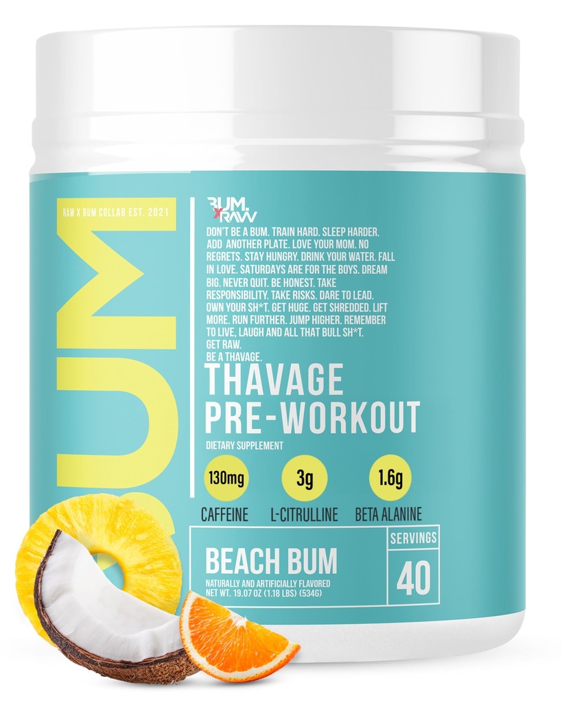 RAW Pre Workout Powder, Thavage (Beach Bum) - Chris Bumstead Sports Nutrition dodatek za moške in ženske - Cbum Pre Workout za delo Out, Hidracija, Duševno fokus & Energija - 40