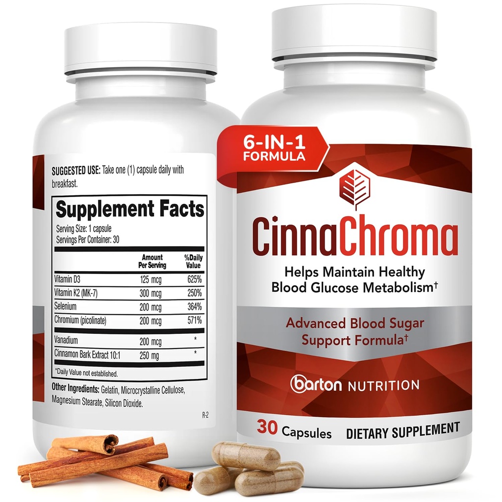 CinaChroma kapsule - cimet dopolnila z 10:1 ekstraktom, krom, vanadij, selen, vitamin D3 & K2 - naravni sladkor bloker - 30 kapsul, 1 mesec
