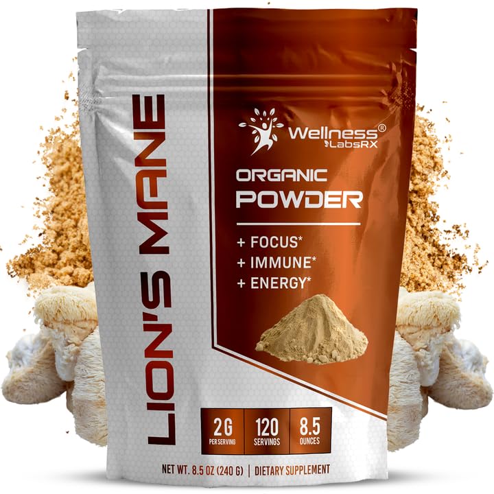 WELLNESS LABSRX Lions Mane Powder, Gobe dodatek - 2000mg - Lions Mane dodatek - Lion's Mane Gobe Powder Možganski dodatki za spomin in fokus, Imunska podpora in zdravje - 120 Sluge