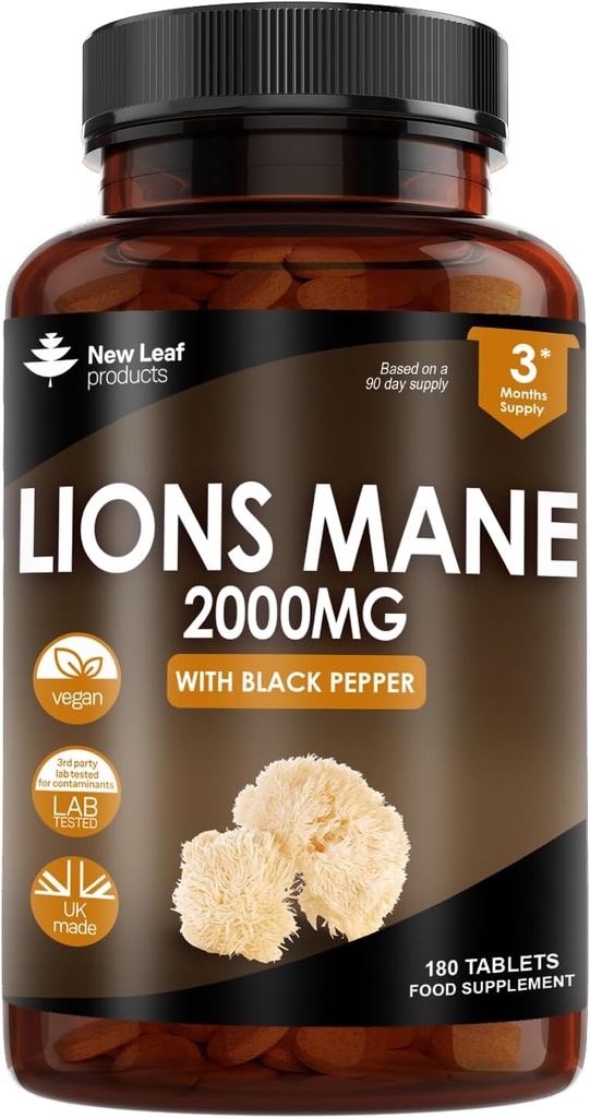 Novolistni izdelki Lions Mane Gobe Extract dodatek 2000mg - 180 Visoka moč Veganske tablete s črnim poprom - (Ne v prahu ali kapsule) Izdelano v Veliki Britaniji