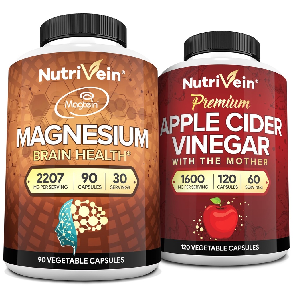 Nutrivein Premium Apple Cider Vinegar kapsule & magnezijev L-treonat paket: visoko-Absorpcija Magnezij Treonat dopolnilo in Apple Cider Vinegar dodatki za možgane, Gut, & splošno dobro počutje