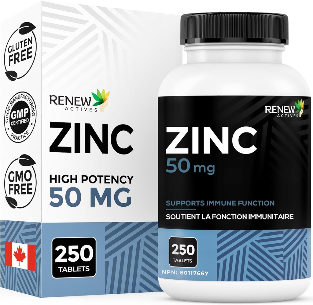 Renew Actives Cink Supplements 50MG na strežbo - Bistveno za imuno zdravje, močne kosti & spodbujanje zdrave lase, nohti & Glowing kože za vsakodnevno uporabo - Made in Canada - 250 tablet