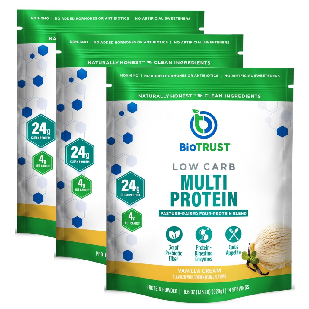 BioTrust Low Carb Protein Powder – Naravna in okusna mešanica sirotke in kazeina iz krav brez travniškega hormona – brez GSO, brez glutena, brez hormona (Vanilla, 3-Pack)