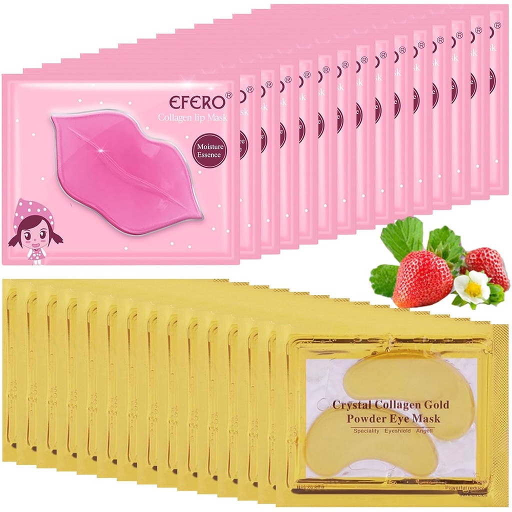 30 Pari Maska za ustnice in pod očesno masko, 24K zlati kristalni kolagen pod očmi za Puffy oči, maske za ustnice učinkovito ohranjuje kožo za ustnice in oči, maske za oči, ki zmanjšujejo fine linije in temen krog