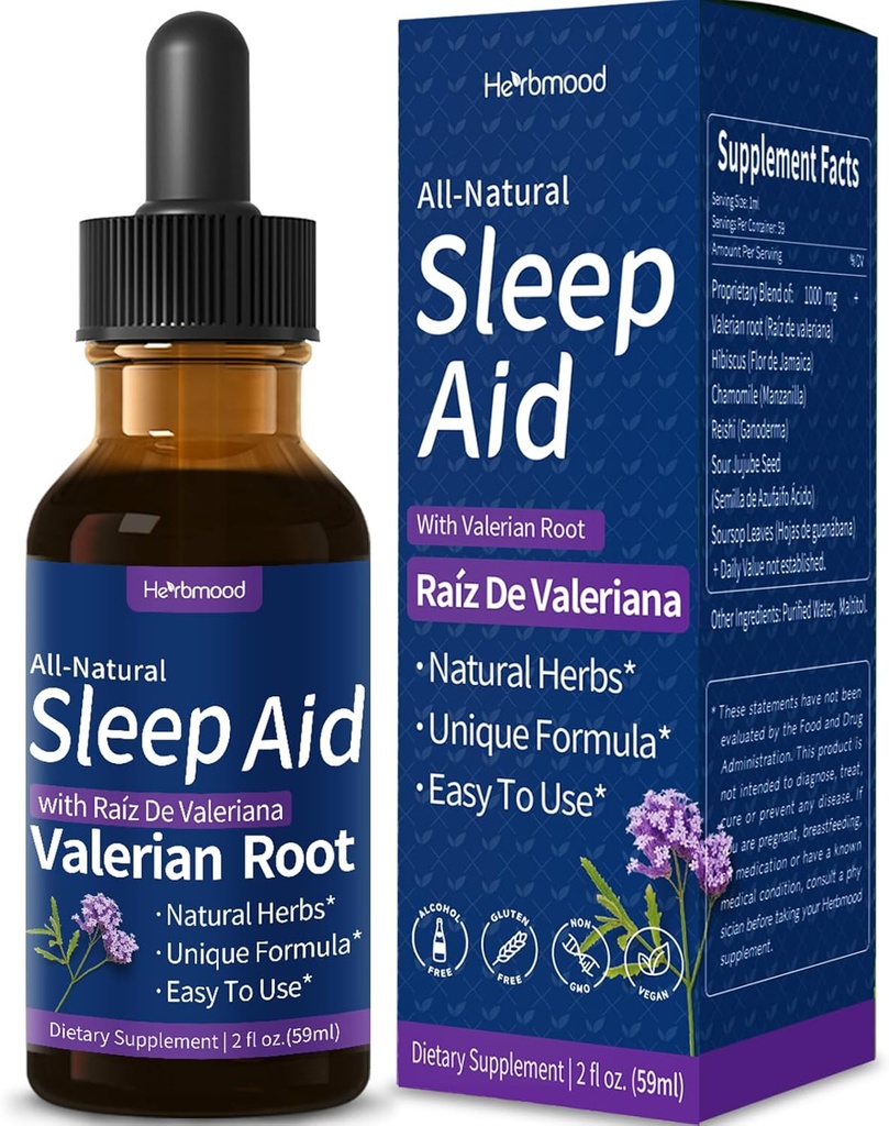 Valerian Root Sleep Support Drops, Gotas de Manzanilla y Flor de Jamajka y Valeriana para Dormir Profundamente, All-Nature Herbal Extract Tekoči s Hibiscus & Kamilica. 2oz