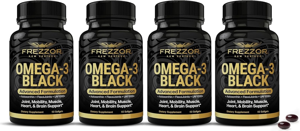 FREZZOR Omega 3 črna - največja moč zeleno lisasto olje kapsule, izdelano na Novi Zelandiji, UAF1000+, vnetje, Joint Care & Relief, Heart & Imunska podpora, 60 število (Pack po 4)