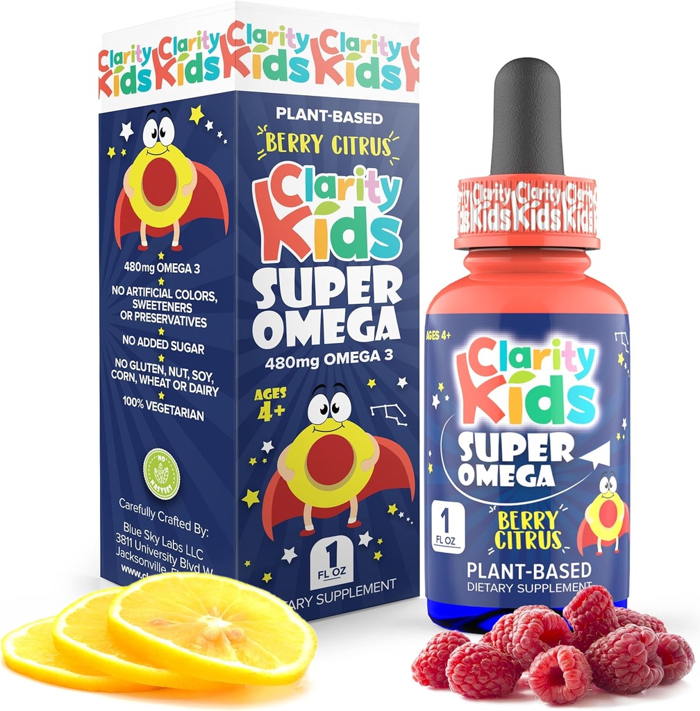 Clariteta Otroci Super Omega z DHA + EPA Omega 3 za boljši fokus in kakovost spanja Algae Oil Omega 3 Tekočina (1 ml na postrežbo) Vse naravne DHA kapljice za otroke ZDA Made dodatek (1 fl oz)