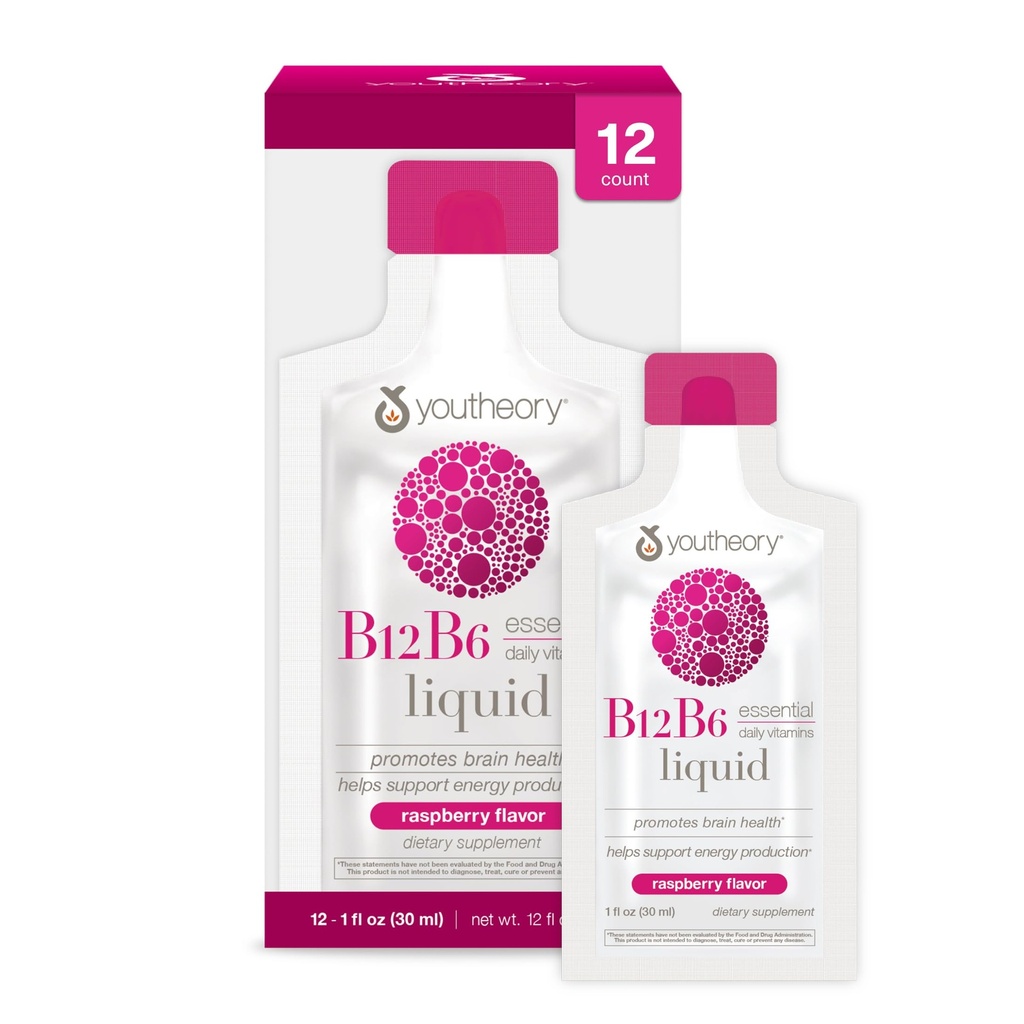 Youteory Vitamin B12 B6, Dnevna energija in podpora možganov dopolnilo, Liquid Raspberry aroma, 12 – 1oz eno serviranje paketi