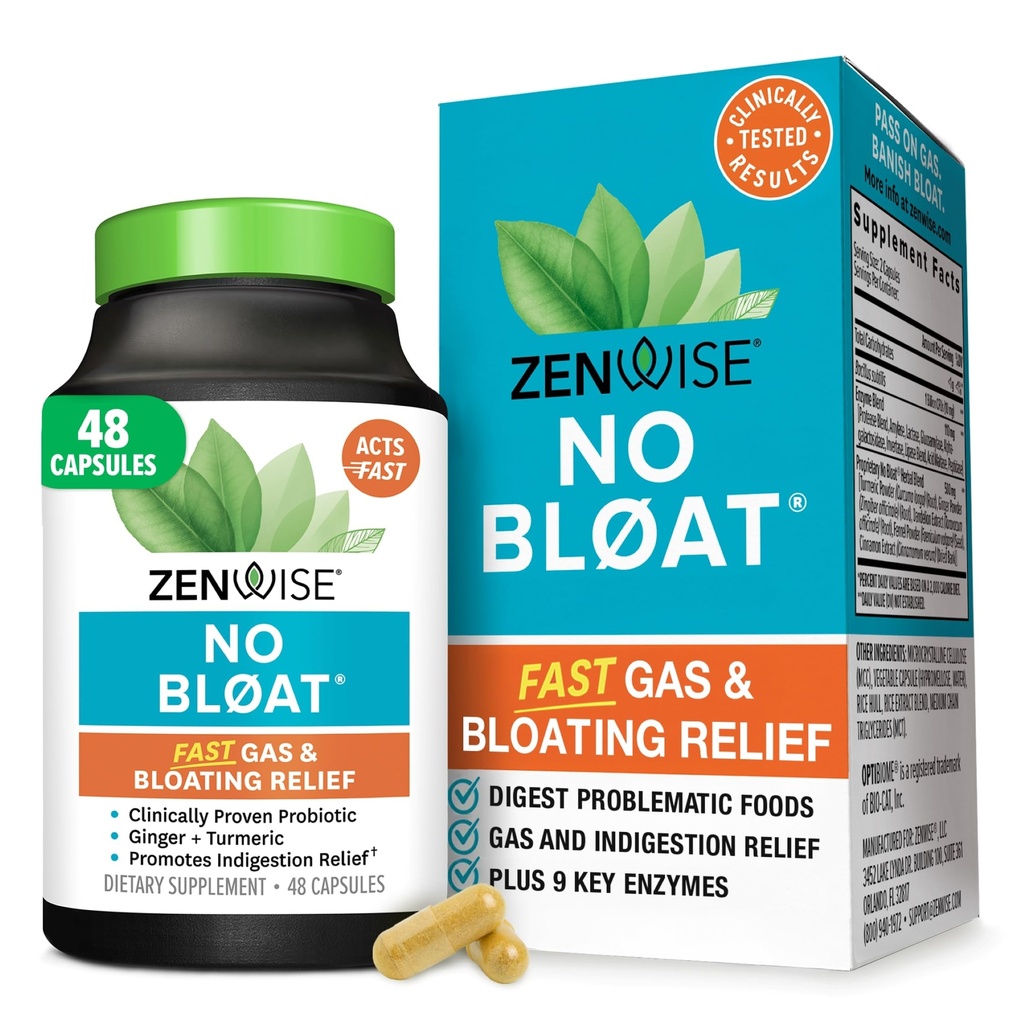 Zenwise Health No Bloat Digestive Enzymes za Gut Health, Gas & Bloating Relief - Multi Encimes Prebavni dodatek s probiotiki, Ginger, Turmeric Dandelion & Lactase - Moški in ženske - 48 Count